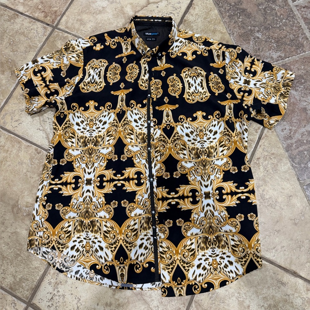 Bluegear Baroque Vintage Shirt L Slim Fit Black Gold Leopard Y2K Streetwear